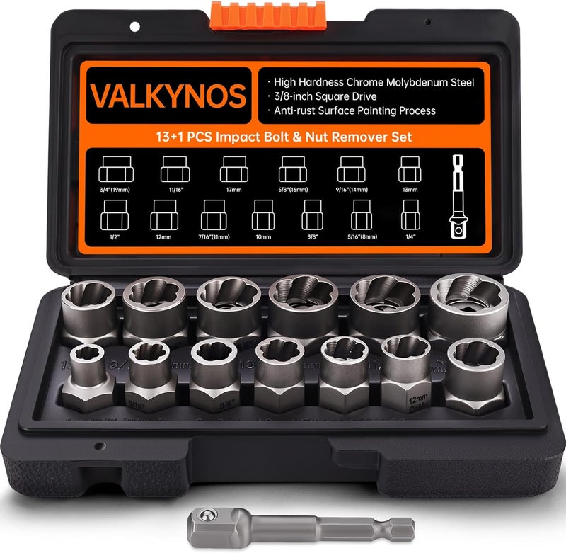 VALKYNOS Bolt Extractor Kit 14 Pcs, Stripped Bolt Extractor Set, Impact Bolt Nut Removal Tool, Easy Out Remove Rusted, Frozen, Damaged, Rounded-Off Bolt Nut Screw, with Hex Drive, Cr-Mo Steel - Image 1